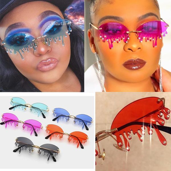 

sunglasses wholesale chic rimless candy color crystal tears for women luxury rhinestone tassel party shades in bulk, White;black