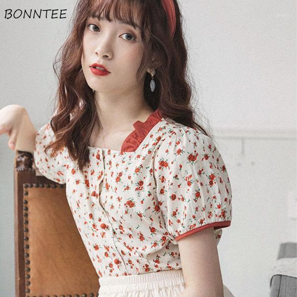 

shirts women floral ruffles retro chic french short sleeve cute tunic ulzzang holiday fashion womens girls summer daily soft1, White