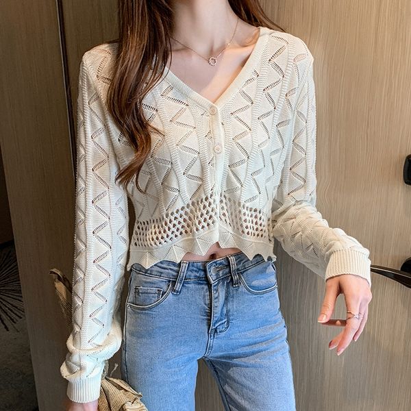 

2020 autumn new cardigan with v-neck knitted thin hollow bottomed shirt shirtshirt shirtwomen's short soft long sleeves ibc2e, White;black