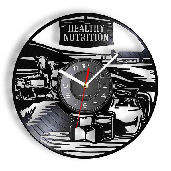 Nutrition saine Signe de ferme de lait frais disque vinyle vintage horloge murale vache grange ferme style horloge montre fermier laitier cadeau H1230