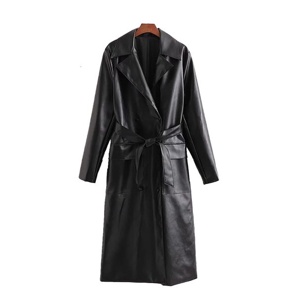 

2021 winter women new elegant simple pu belt long overcoat female fashion windproof lapel pocket decoration coat, Black