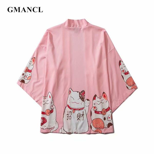 

men japanese style cartoon printed casual cardigan kimono jackets streetwear fashion hip hop male loose outerwear coat, Black;brown