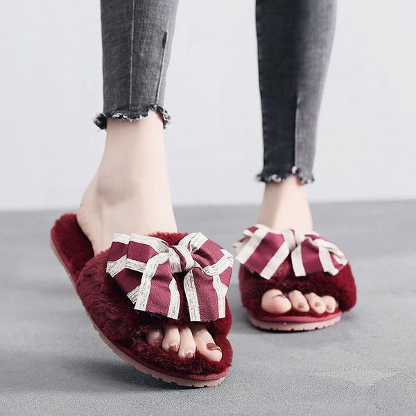 

2020 korean version of plush slippers winter new bow indoor women slippers home non-slip warm love cotton, Black