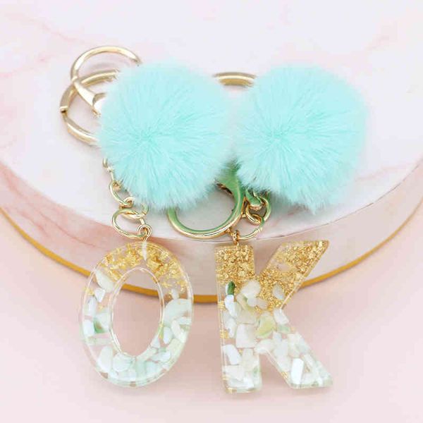 

fluffy pompom letter pendant keychains for women cute car acrylic key chains keyring charm bag oranment friends couple, Slivery;golden
