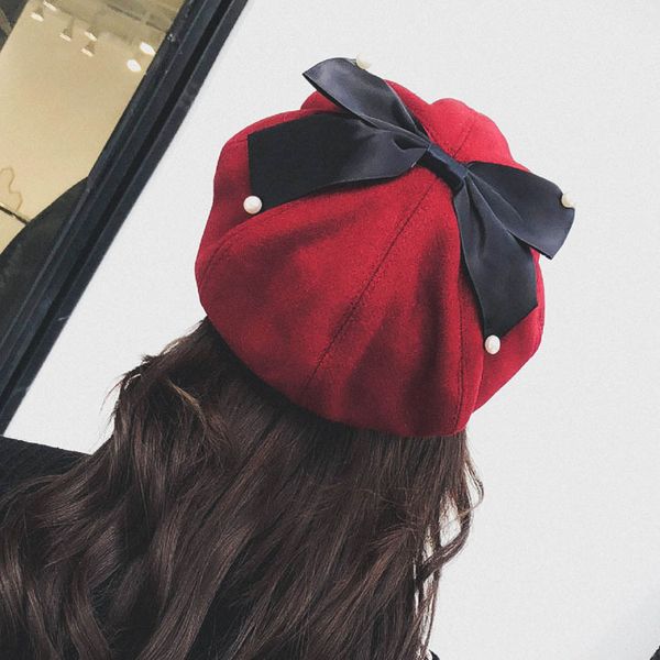 

new pattern autumn and winter wool hats woman noble temperament painter hat woolen hat beret bow pearl hats 201026, Blue;gray
