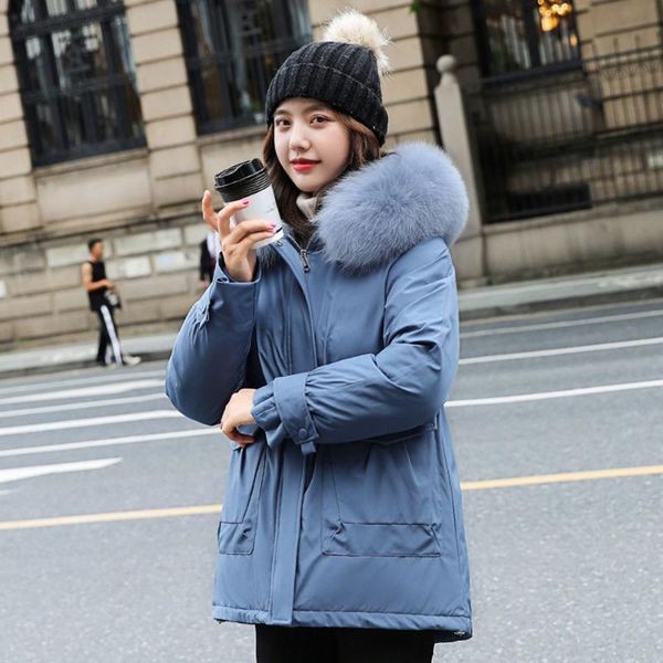 

2020 autumn winte jacket women large fur collar fashion solid hooded parkas warm thickness padded outwear, Black