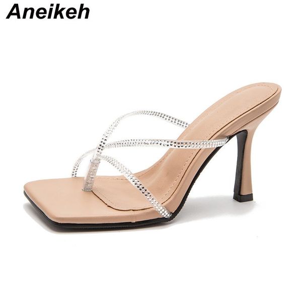 

aneikeh women thong shoes summer fashion 2021 new pvc peep toe slippers thin heels concise bling polka dot shallow party apricot, Black