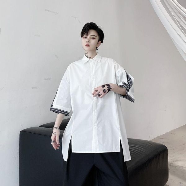 

ewq / men's wear summer 2020 stitching striped half sleeve shirt vent hem loose male's japan style black white male 9y2739, White;black