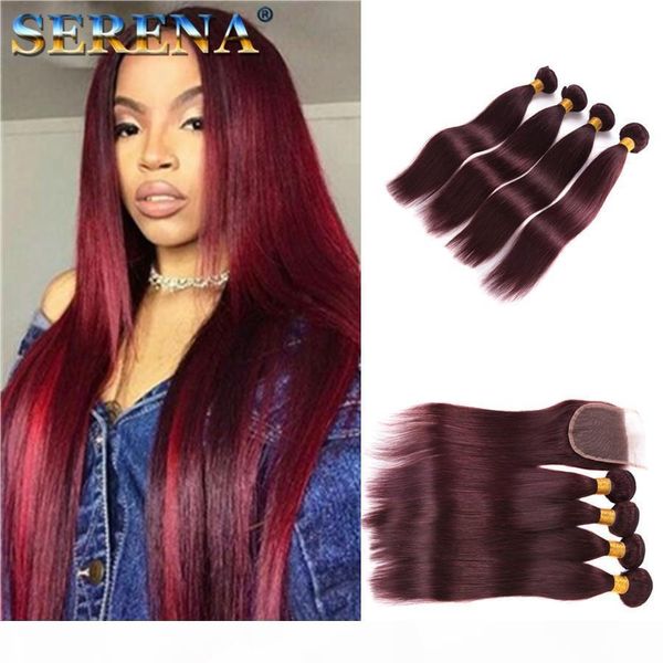 

mongolian straight virgin hair with closure human hair with weaves closure 99j red wine hair weave 4 bundles with closure bundles, Black;brown