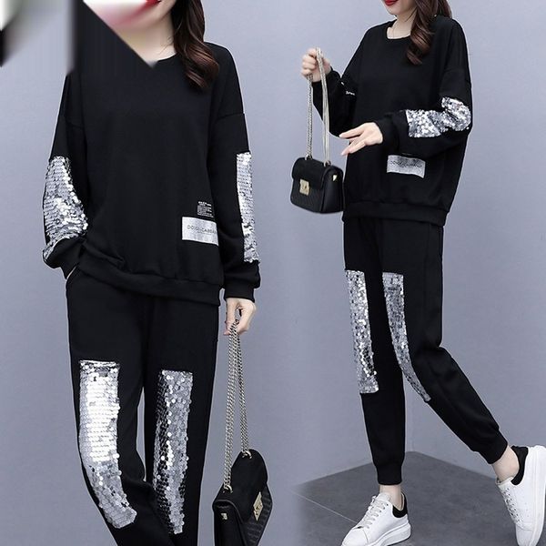 

осень и зима 2020 новая большого размера женской одежды рыхлых и тонких моды пришивания спортивных блестки блестки костюм женского harajuku, Gray