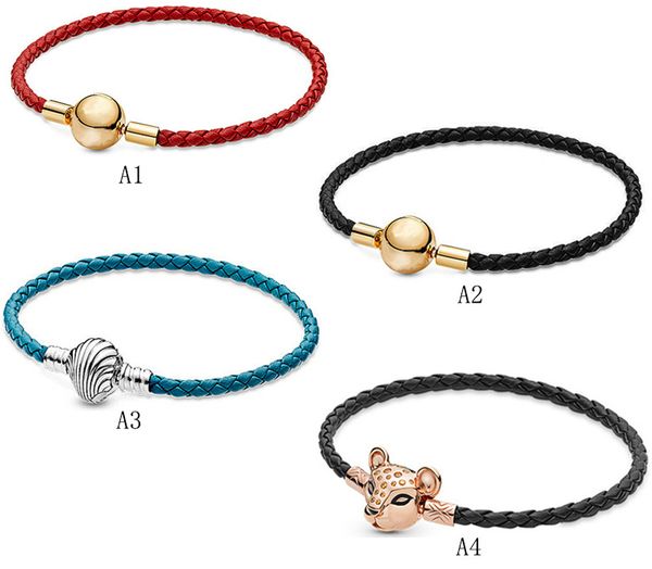 Echtes S925-Sterlingsilber, passend für Pandora, Muschel-Ozean, Leopardenkopf, geflochtenes Lederband, Perle, Liebesherz, blauer Crysta-Charm für Armbänder, DIY-Perlen-Charms