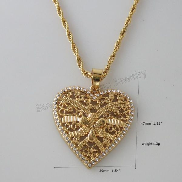 

min order is 10$/- yellow gold gp 24" or 18" black leather necklace & big heart pendant cz stone with flower pattern on it, Silver