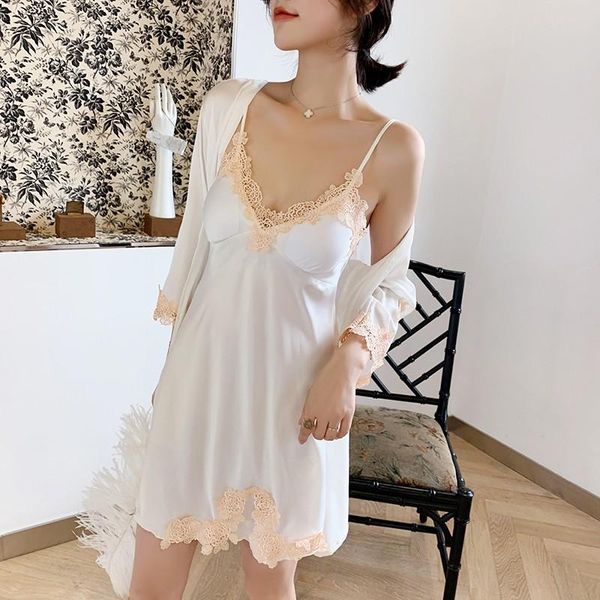 

white women kimono robe gown suit v-neck backless nightdress set mini bathrobe lace flower trim home dress rayon sleepwear, Black;red
