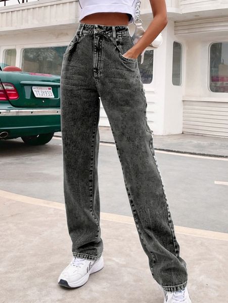 

high waisted snow washed jeans v1bn#, Blue