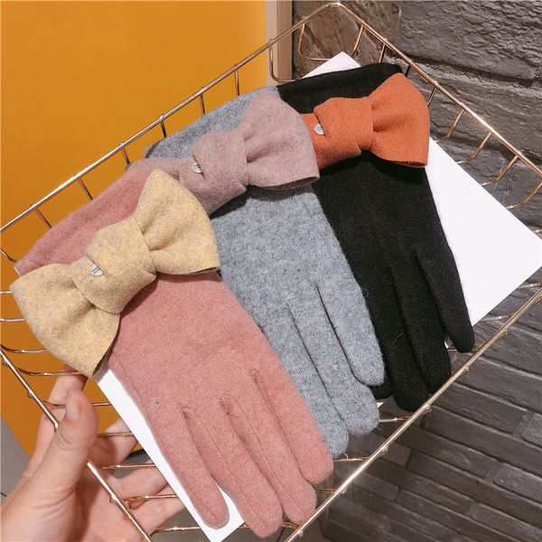 

women korean touch screen gloves five fingers cashmere simple bow female autumn and winter thick cute warm gloves, Blue;gray