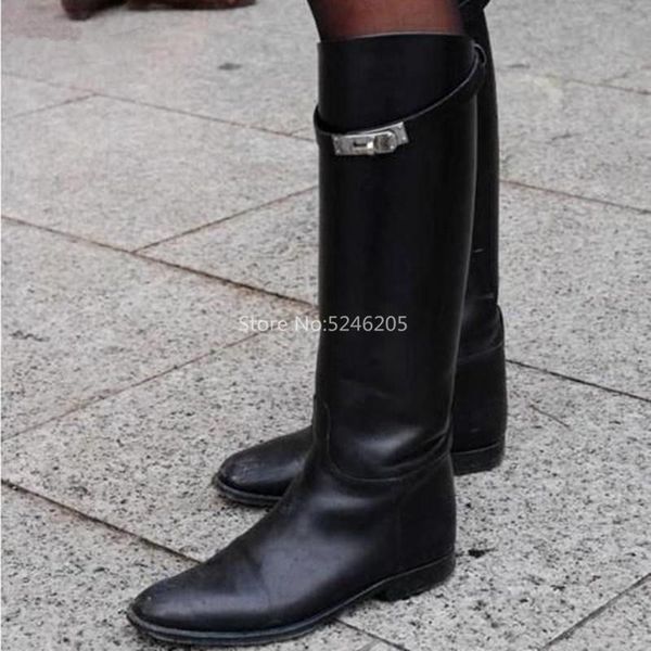 

botines mujer new spring summer long boots brown grey wine soft real leather knee high boots round toe flats women big size, Black