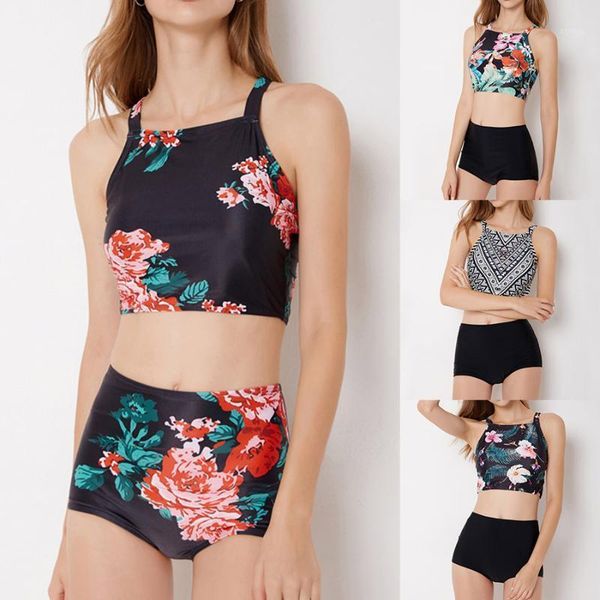 

high waisted bikini women 2020 high neck swimsuit female floral printed swimwear push up bathing suit swimming suit for women1, White;black