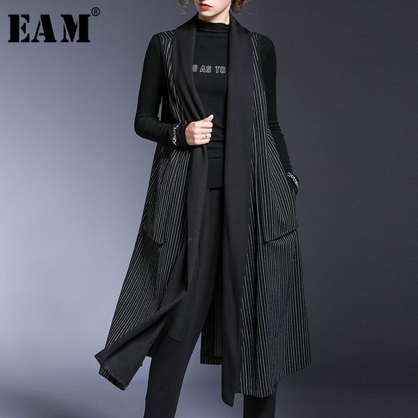 

[eam] women black striped split joint big size long loose fit vest new v-collar sleeveless fashion spring autumn 1d291 210204, Black;white