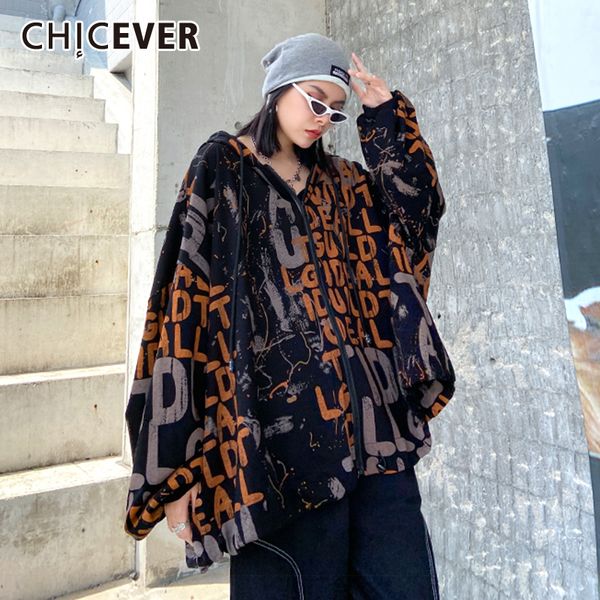 

chicever letter print hooded jacket for women v neck long sleeve hit color lace up oversized streetwear jackets female tide 201029, Black;brown