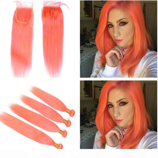 

silky straight pure orange 4bundles brazilian hair with 4x4 lace front closure 5pcs lot colored orange virgin hair weaves with closure, Black;brown