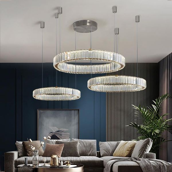 

modern crystal led chandelier for living room bedroom ring gold/chrome stainless steel round circle double layer sprojects light