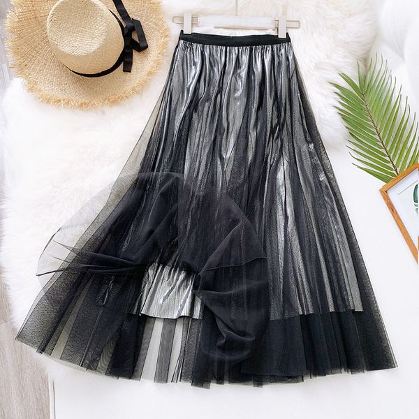 

2021 new shiny mesh elastic high waist women summer pleated long vintage skirt jupe femme saia t46v, Black
