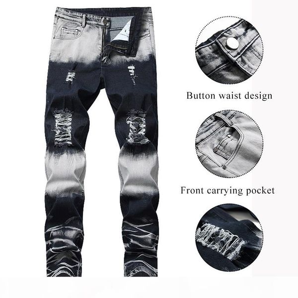 

2019 new straight brand men ripped jeans trousers fashion brand design denim pants retro hole personality ripped jeans, Blue