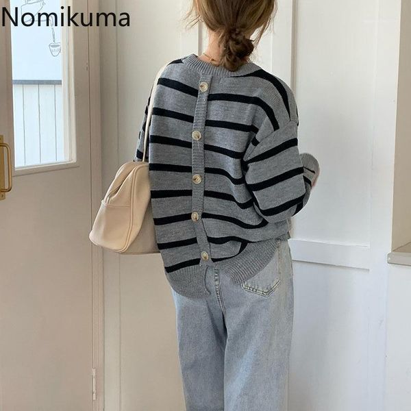 

women's sweaters nomikuma back buttons stripe knitwear korean autumn winter long sleeve o-neck sweater causal 2021 women knitted pullov, White;black