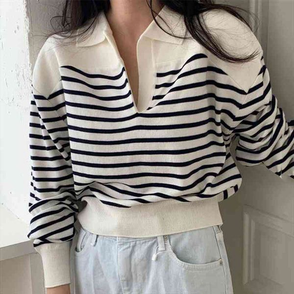 

[ewq] korea chic red striped knitted pullovers women autumn lapel loose long sleeve sweater female thin casual clothing, White;black