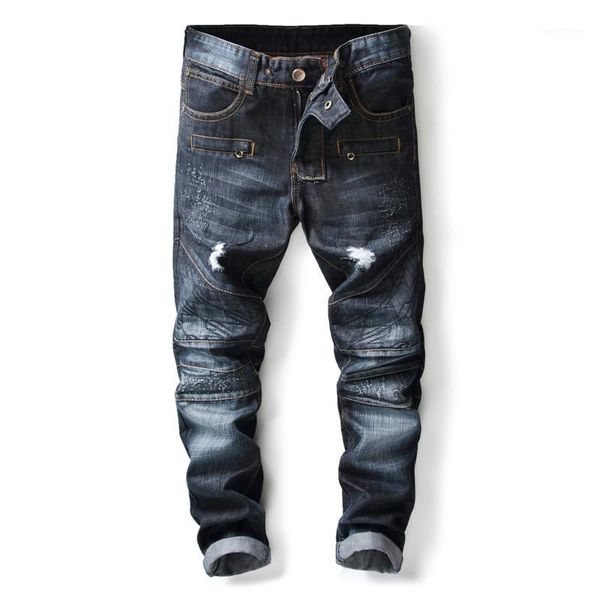 

2018 new fashion biker jeans men no stretch cargo denim jeans with zippers pleated slim jean men's scratched blue pants trousers1