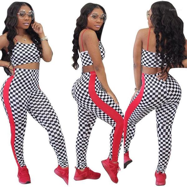 

fashion fitness plaid tracksuit women two piece set spaghetti strap crop pencil pants leggings set bodycon slim suit1, White