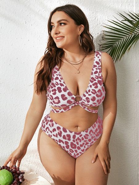 

plus leopard ring linked bikini swimsuit 99y7#, Black