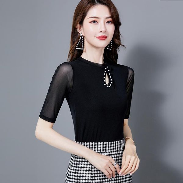 

women's blouses & shirts women shirt summer half sleeve korean casual beading blusas femininas hollow out blouse black 2021, White