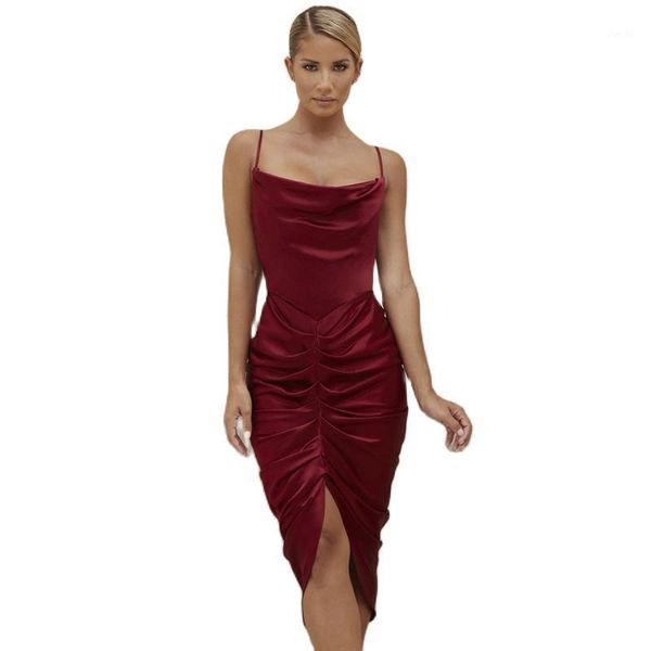 

women's autumn 2020 new arrival dress backless sleeveless dress slim drape fashion party red knee length1, Black;gray