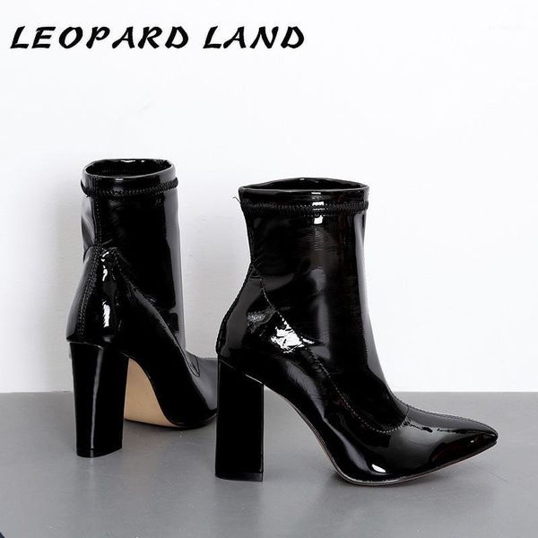 

boots leopard land 2021 women mid calf point toe thick pointed thin high-heeled patent leather women's -999-11, Black