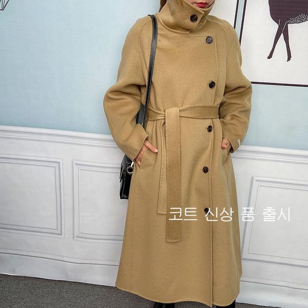 

of new fund of 2021 autumn winters is about double over-the-knee long wool coat collar pure color cloth coat female, Black