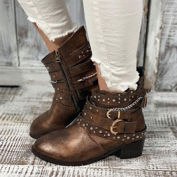

new women ankle boots punk style boots rough autumn winter buckle low heel leather shoes rivetshort 2020 dropshipping, Black