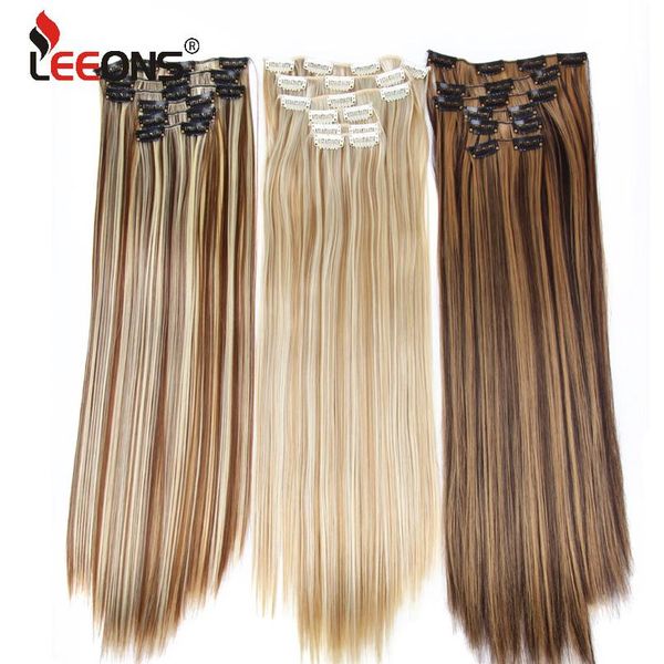 

leeons 6h/613# clip in on hair extensions 6pcs/set 16 clips hair extension full head 55cm straight synthetic fiber ha wmtvjr, Black