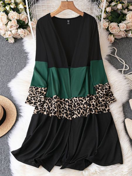 

plus contrast leopard colorblock open front coat l9ka#, Black