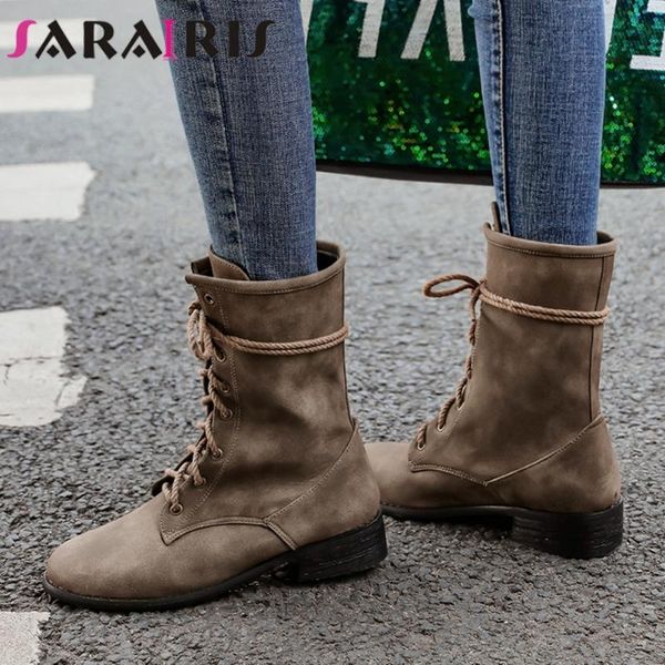 

boots sarairis lesiure chic winter shoes women vintage shoelaces large size 46 outdoor wearable work mid-calf booties, Black