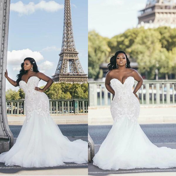 

2021 new wedding dresses sweetheart lace appliques mermaid bridal gowns custom made backless sweep train plus size wedding dress, White
