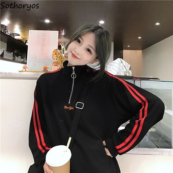 

hoodies women zipper stand collar long sleeve leisure striped pullovers womens harajuku korean style students sweatshirts daily y200915, Black