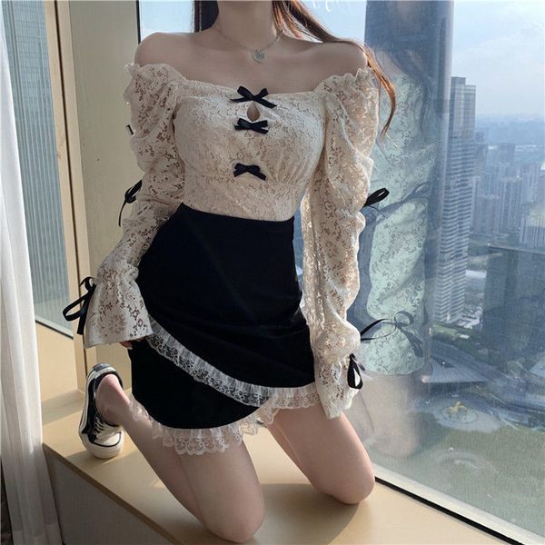 

2021 new lolita two piece spring designer lace +mini skirts patchwork slim hollow out korean kawaii skirt women ftpt, Black;white