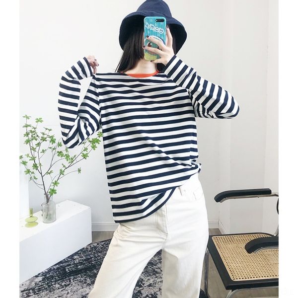 

o1h3e sleeve home shirtfashion autumn new versatile neck shirt 2020 round cotton bottomed shirt women show thin tricolor stripe long c t acw, White