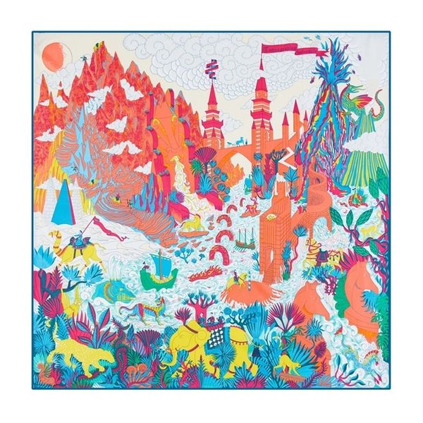 

90cm brand hijab women bandana handmade curled twill silk square scarf "the universe disposition" foulard head scarves y201007, Blue;gray