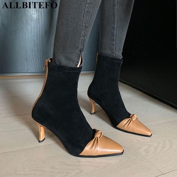 

boots allbitefo large size:33-41 genuine leather bowtie high heels party women thin ankle for girls shoes, Black