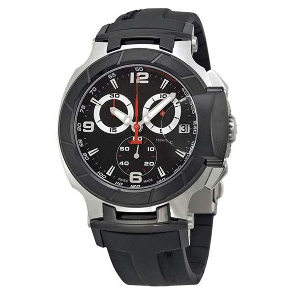 

watch quartz chronograph black dial rubber silicone belt t race folding clasp watches mens sports wristwatches, Slivery;brown
