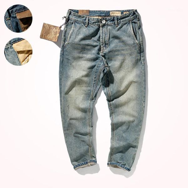 

2021 spring new heavyweight jeans men's fashion american casual washed old denim pencil pants men's retro tapered straight pants1, Blue