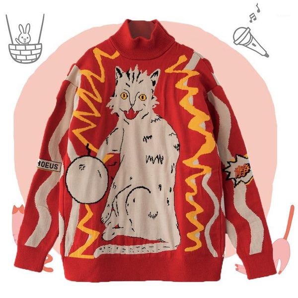 

static electricity cat cute women's knitted sweater red pullovers long sleeve fall,winter turtleneck sweaters cute girls1, White;black