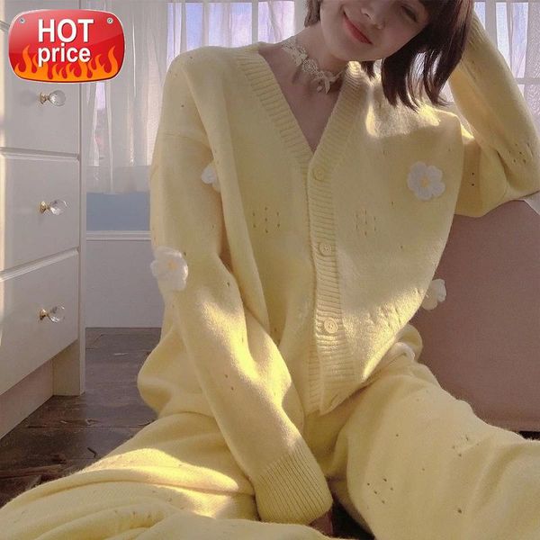 

two piece set autumn winter clothes women plus size soft pajamas knitting bedroom set kawaii lingerie cute sleepwear flowers new #sn7n, Black;white